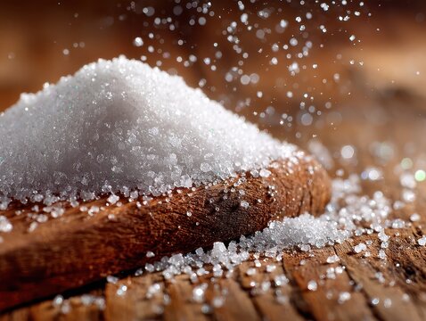 Close-up of fine white salt crystals sprinkled on a rustic wooden surface with some scatte in the air