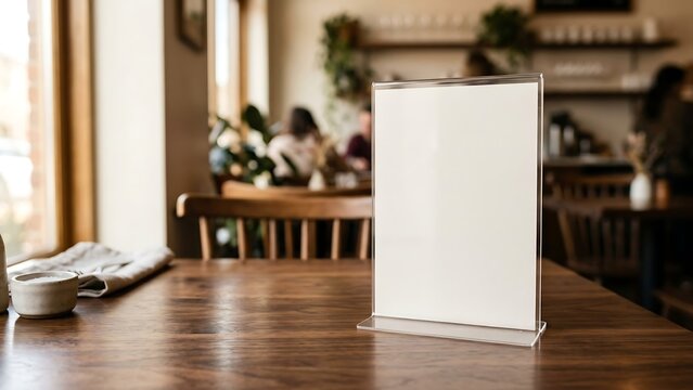 Blank table tent sign mockup sitting on a wooden restaurant table