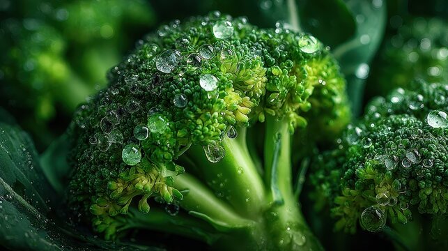 Close-up of fresh vibrant broccoli with water droplets on florets and leaves in natural green setting