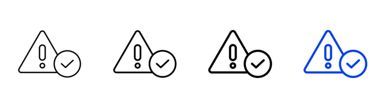 Warning triangle resolved checkmark security alert approved linear icon collection design. Editable vector stroke icons
