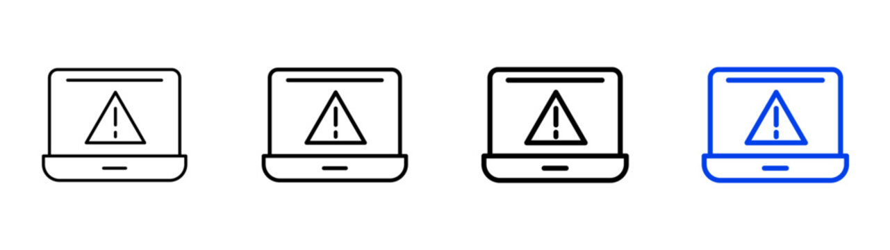 Laptop malware alert computer system error warning linear icon collection design. Editable vector stroke icons