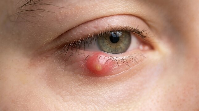Close up of a stye on a human lower eyelid. Hordeolum infection of an eyelash follicle. Medical condition of the eye