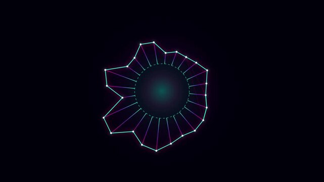 Motion graphics animation of a glowing digital sound wave spectrum with dynamic pulsing geometric shapes on dark modern background with neon glow for broadcast commercial