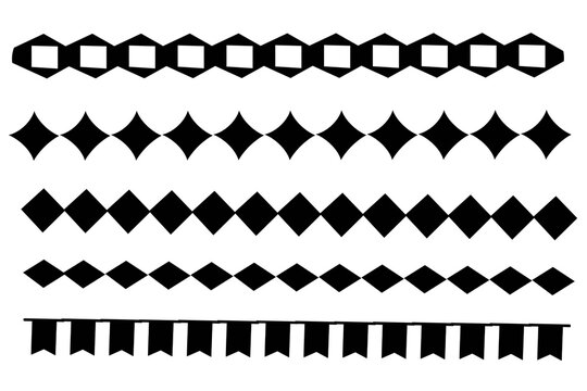 Black geometric decorative border set with repeating diamond, star, hexagon, and pennant patterns isolated on transparent background.