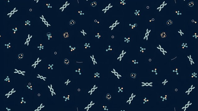 Scientific illustration of genetic molecules floating in a seamless dark space background with sequences molecular structures structures appear randomly
