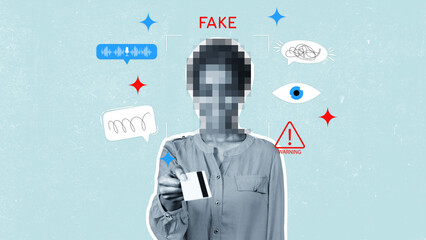 Fake news about identity fraud shown with a person holding a fake ID card in a digital style...