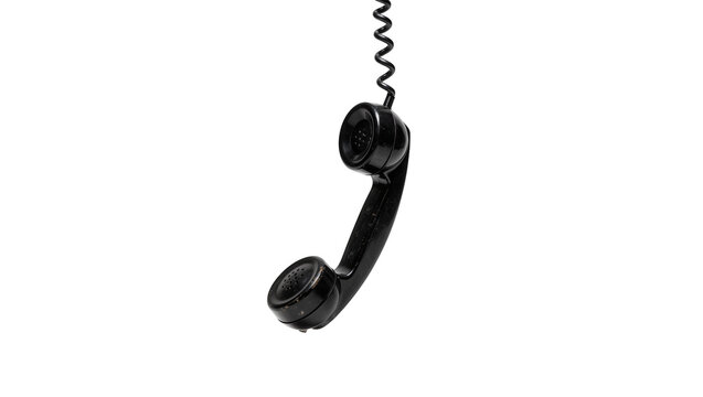 Black vintage telephone handset with coiled cord hanging, isolated on transparent background