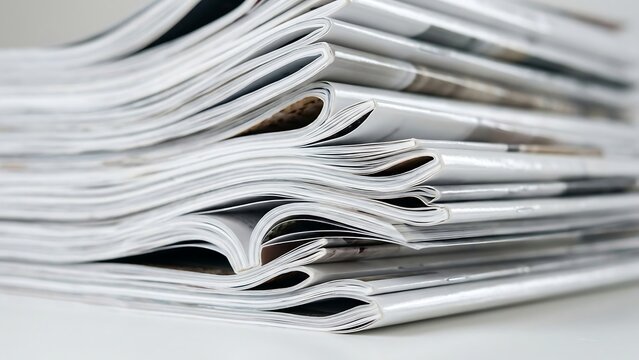 Stack of glossy magazines close up view showing curved pages and paper texture