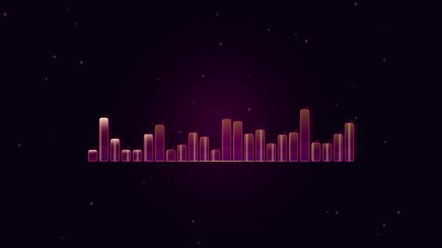 Motion graphics animation of audio equalizer frequency spectrum bars on dark modern background with neon glow for broadcast commercial, corporate promo, and marketing video