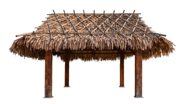 Rustic thatched roof hut with wooden posts, isolated on transparent background