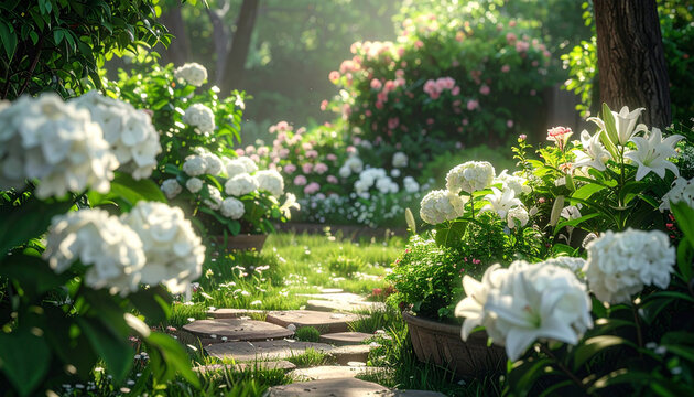 Beautiful Garden Path with Blooming White Hydrangeas and Lilies Under Soft Morning Sunlight