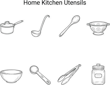 Kitchen utensils drawing set containing sauce pan ladle spoon colander bowl measuring spoon tongs and glass storage jar on background.