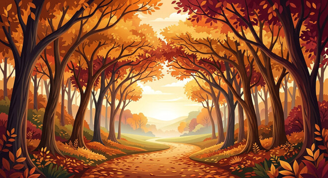 Autumn forest landscape vector illustration, scenic fall woodland path with orange trees, warm sunset park background for seasonal banners