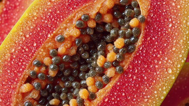 Close-up of ripe juicy papaya fruit with vibrant orange flesh and numerous black seeds inside