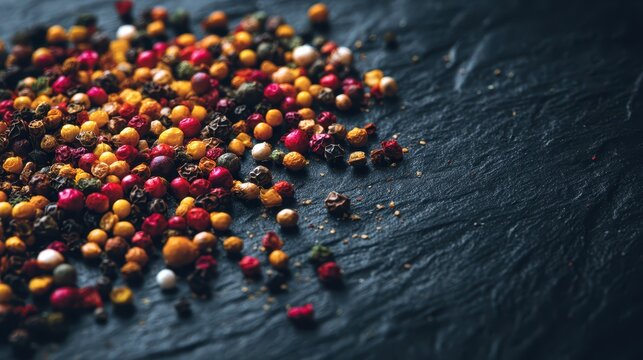 Colorful mixed peppercorns scattered on dark textured surface for culinary spice or seasoning