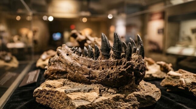 A close up view of a fossilized dinosaur jaw with sharp serrated teeth displayed inside a museum showcase with soft warm background lighting, capturing paleontology history