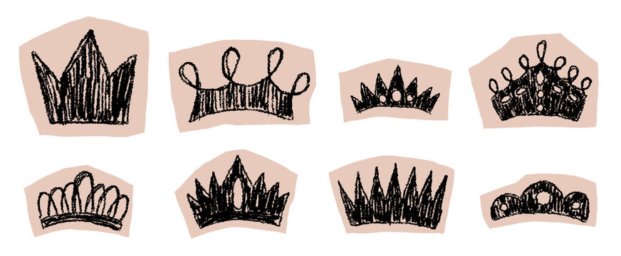 Collage cut paper with hand drawn crayon crown in black color. Scrapbook tear elements for trendy design