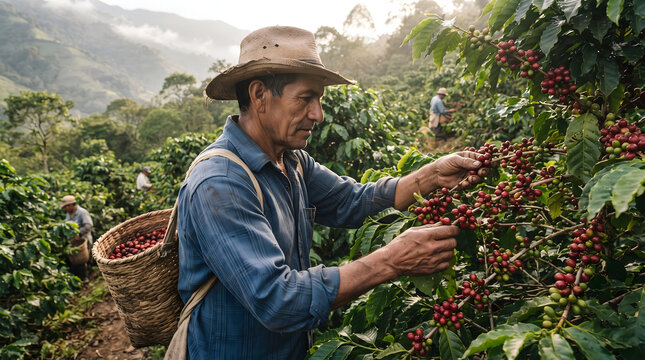Dedicated coffee farmer meticulously harvests ripe red cherries from vibrant coffee plants on a lush mountain plantation, ensuring quality for the morning brew