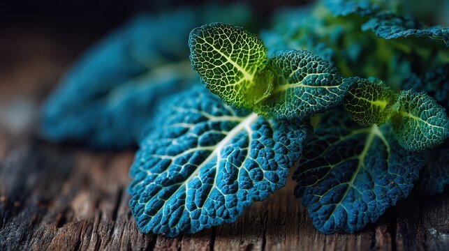 Close-up of vibrant blue and green textured leaf with prominent veins on rustic wooden surface