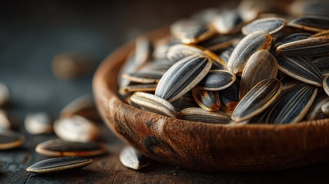 Close-up of a wooden bowl filled with sunflower seeds on a rustic dark background with scattered seeds