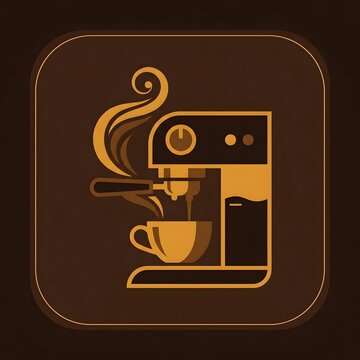 Vintage coffee maker illustration pouring steaming espresso into golden cup with retro design