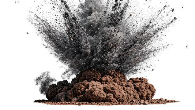 Brown earth mound exploding into dark grey dust and debris, isolated on transparent background