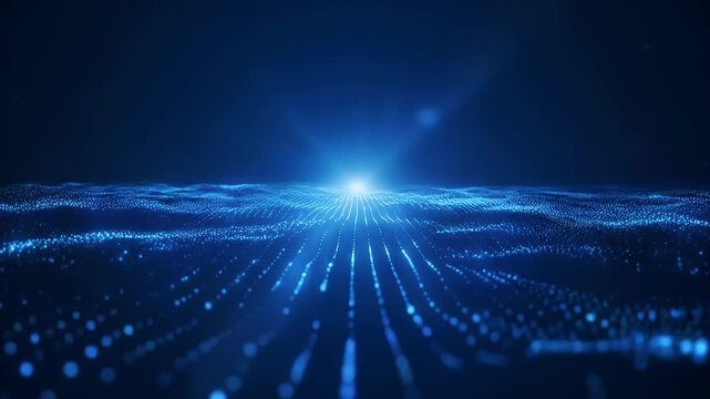 A futuristic digital landscape with glowing blue particles and light trails converging towards a bright light source in the distance.