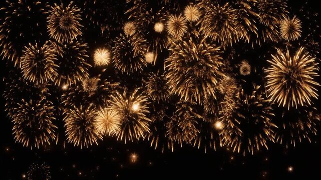ゴールドの花火が夜空に開き火の粉が瞬く黒背景の連発花火と文字用の余白
