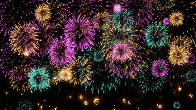 多色の花火が夜空に開き火の粉が瞬く黒背景の連発花火と文字用の余白