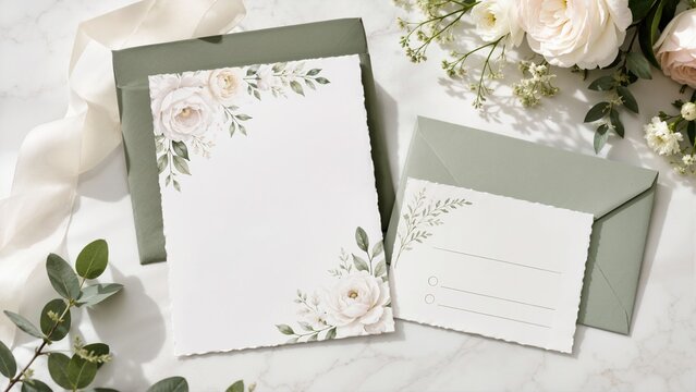 Wedding invitation suite with RSVP card and envelopes. Flat lay of floral stationery on a white marble surface. Refined wedding announcement mockup with copy space