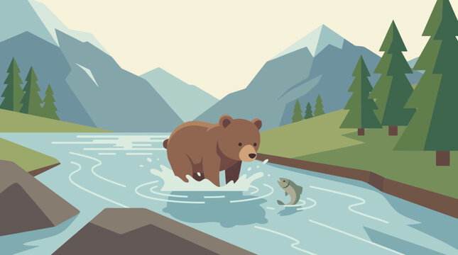 A delightful flat design illustration of a curious bear cub trying to catch a fish in a clear mountain river. This scene captures a moment of natural curiosity with a minimalist and clean aesthetic.
