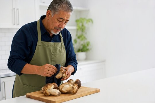 Man cleaning fresh porcini mushrooms with a damp cloth. Cook in an apron preparing wild boletes on a wooden cutting board
