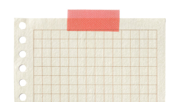 Textured grid paper with punched holes secured by pink tape, isolated on transparent background