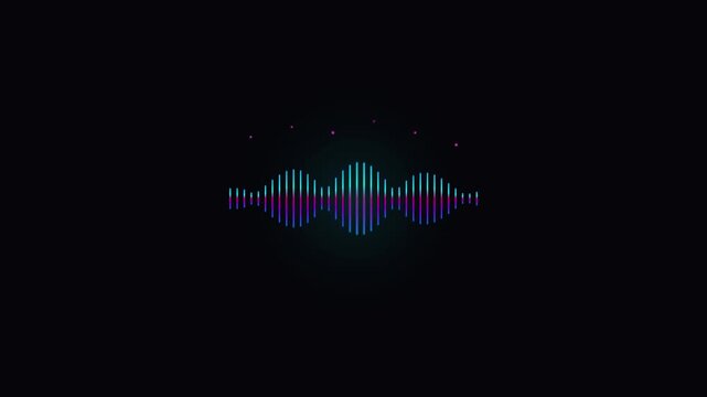 Motion graphics animation of audio waveform equalizer reacting to sound on dark modern background with neon glow for broadcast commercial and marketing video