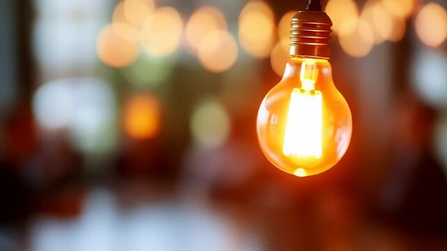 Bright lightbulb swings gently in warm ambient setting