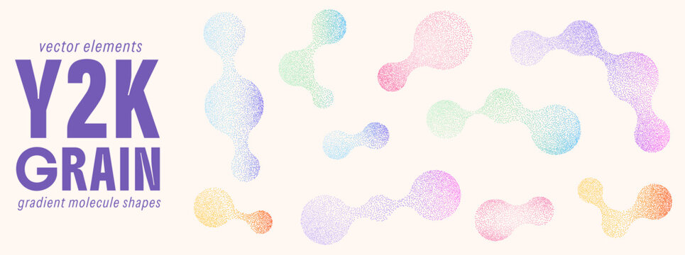 Airdrop metaball set of soft gradient molecule figures. Pink mint and violet grain tints wash over speckled spray. Y2k airbrush vector blob set for advertising layout or presentation slide