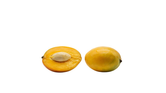 Whole and halved yellow mango fruit with pit isolated transparent on transparent background