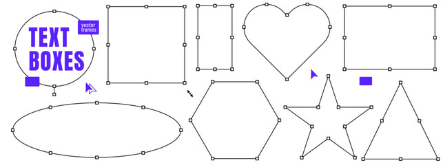 Obraz premium Bounding box set of geometric outlines with resize handles. Bounding shapes include heart oval star triangle and hexagon. Modular vector box collection for infographic design or presentation slide