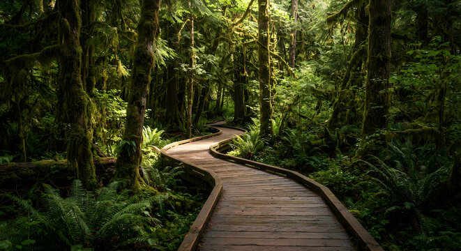 Winding boardwalk through a lush mossy forest
