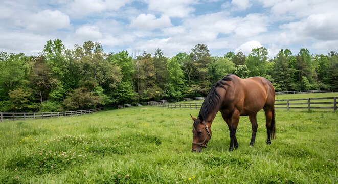 Brown horse grazing in a green pasture