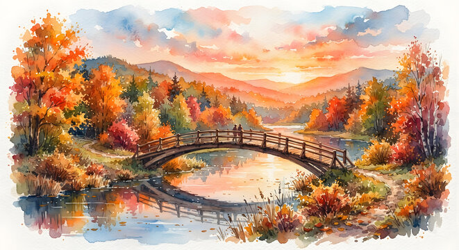 Autumn landscape with a bridge over a river