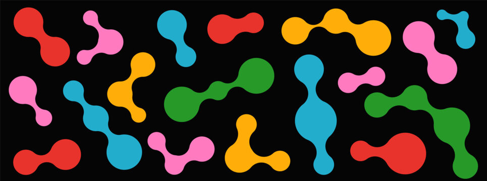 Organic shape set of vibrant connected metaball blobs. Red pink blue yellow and green fluid blobs pop on deep black. Bubble vector figures for social media post or promotional banner