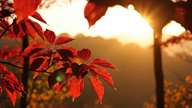 Backlit ruby leaves stretch across a warm woodland overlook, outlined by a bright sunburst and hazy distant trees to create a quiet, radiant study of seasonal color and natural depth at sunset