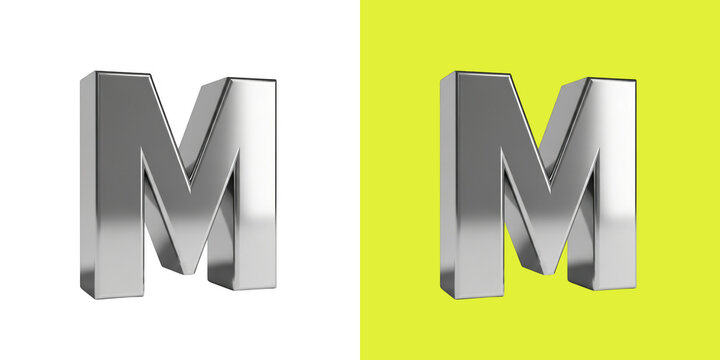 Shiny metallic letter M 3D render on background