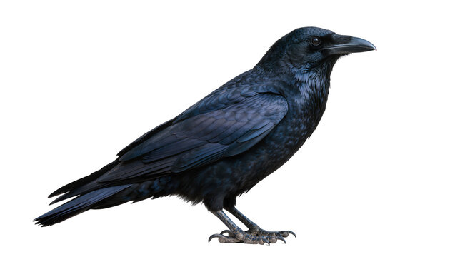 Detailed black crow bird with dark feathers, isolated on transparent background