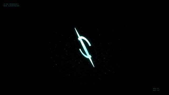 Futuristic glowing neon logo symbol with a slash design on a dark digital background with subtle particles and grid lines
