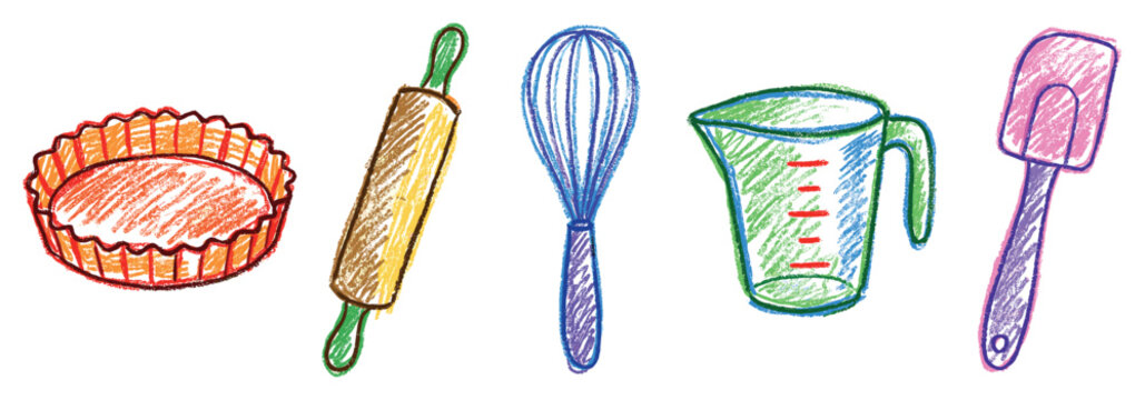 Baking tools icons set. Kitchen utensils and cooking concept. Includes pie dish, rolling pin, whisk, measuring cup, spatula. Hand-drawn doodle style