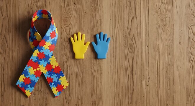 Autism Awareness Ribbon with Colorful Puzzle Pieces and Helping Hands Symbolizing Inclusion, Support, Acceptance, and Neurodiversity Education Concept for Social Campaigns