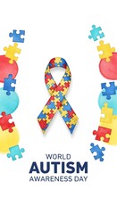 Fototapeta premium World Autism Awareness Day Poster with Colorful Puzzle Pieces and Autism Ribbon Symbol Representing Neurodiversity, Inclusion, Acceptance, and Support for Awareness Campaigns