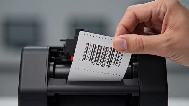 ?Hand adjusting barcode label in modern printer closeup process and details